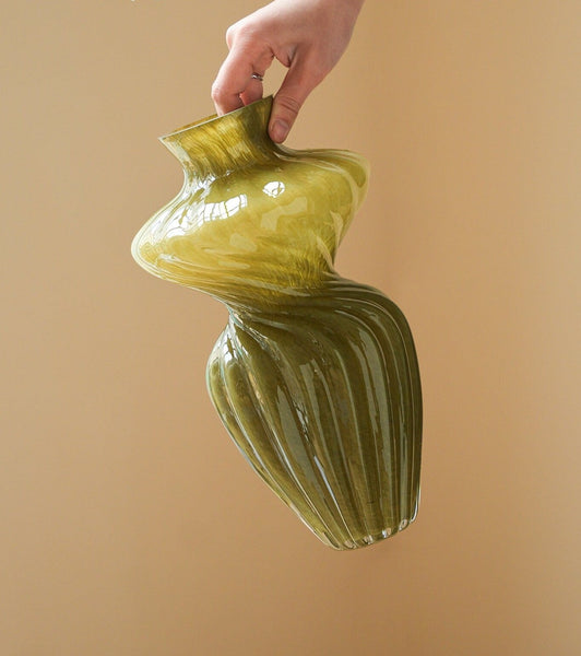 Handmade Contemporary Glass Vases, Modern Green Vases for Living Room, Mid Century Vases for Flowers, Unique Decorative Glass Vase, Centerpiece Vases on Table-Art Painting Canvas