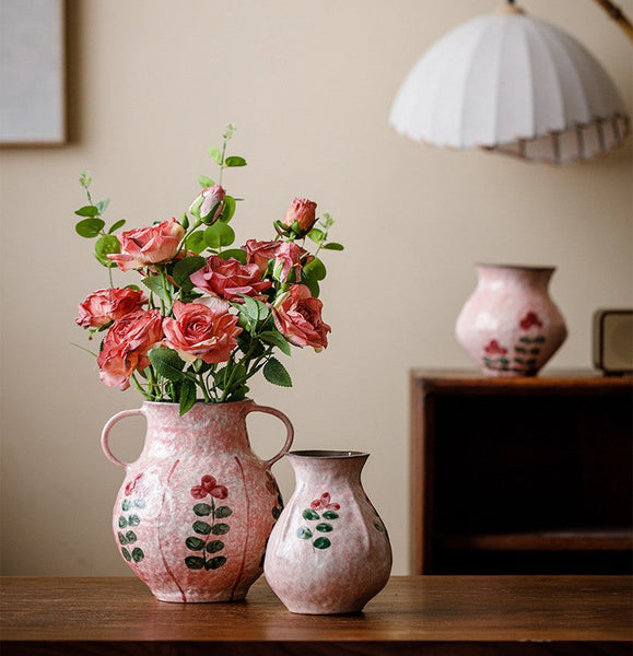 Rustic Pottery Flower Vases, Small Flower Vases on Table, Pink Bud Vases, Handmade Water Holding Flower Vases-Art Painting Canvas