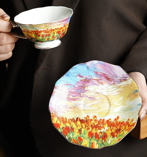 Elegant Ceramic Coffee Cups, Flower Field Vintage Porcelain Tea Cup Saucer Set, Unique British Tea Cup and Saucer in Gift Box, Royal Ceramic Cups-Art Painting Canvas