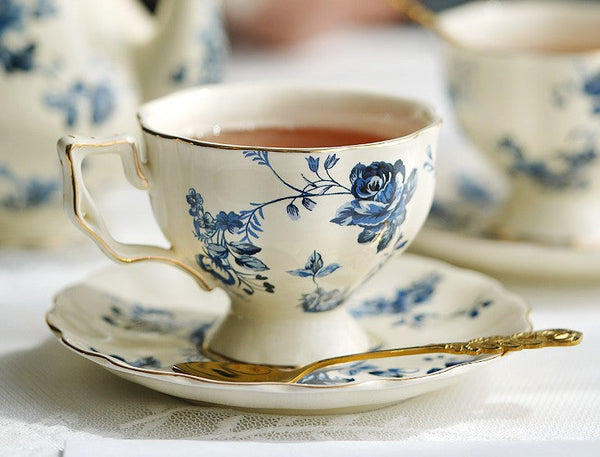 Elegant Vintage Ceramic Coffee Cups for Traditional Afternoon Tea, Royal Ceramic Cups, French Style China Porcelain Tea Cup Saucer Set, 6.8 oz Tea Cup and Saucers-Art Painting Canvas