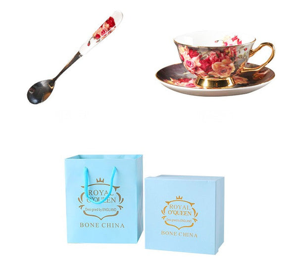 Ceramic Tea Cup and Saucer in Gift Box, Rose Flower Royal Porcelain Tea Cup Saucer Set, Elegant Ceramic Coffee Cups, Beautiful British Tea Cups-Art Painting Canvas