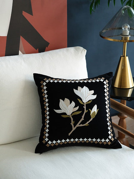 Decorative Pillow Arrangement Ideas for Couch, Magnolia Embroidered Cushion, Large Decorative Pillows for Couch, Modern Throw Pillows for Bedroom, Living Room Decorative Pillows-Art Painting Canvas
