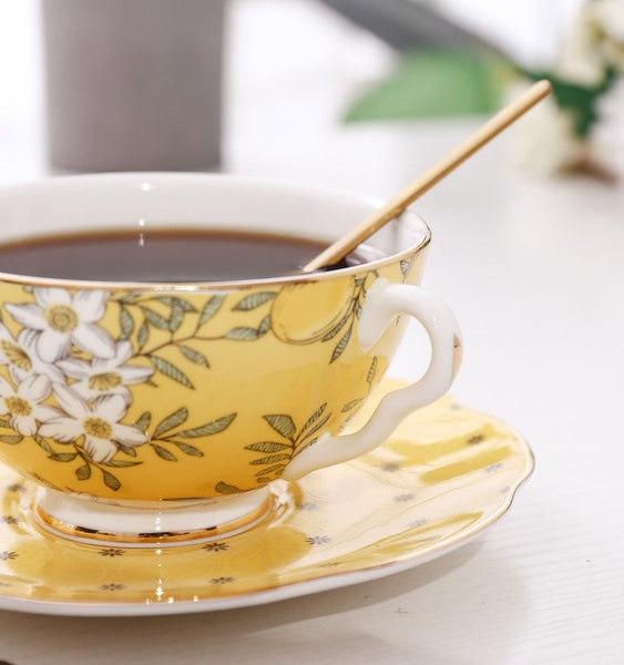 Creative Yellow Ceramic Coffee Cups, Unique Flower Coffee Cup and Saucer, Beautiful British Tea Cups, Creative Porcelain Tea Cup Set-Art Painting Canvas