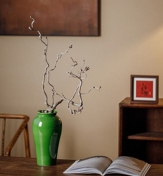 Vintage Flower Vases on Table, Handmade Water Holding Flower Vase, Centerpiece Ceramic Bud Vases, Green Porcelain Flower Vases-Art Painting Canvas