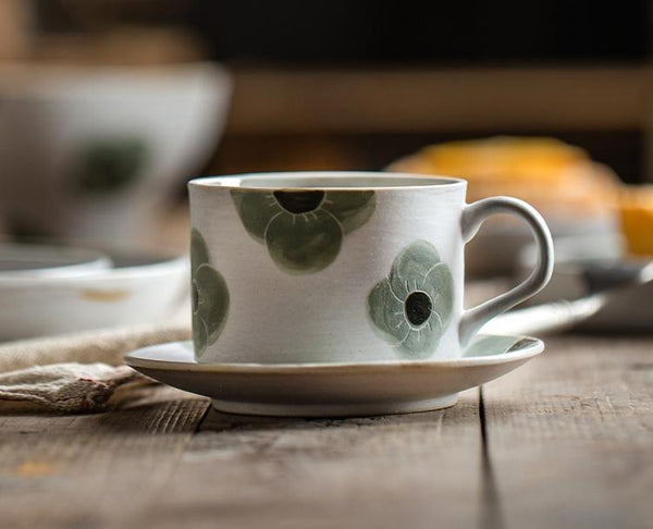 Cappuccino Coffee Cup, Spring Flower Coffee Cup, Rustic Tea Cup, Pottery Coffee Cups, Coffee Cup and Saucer Set-Art Painting Canvas