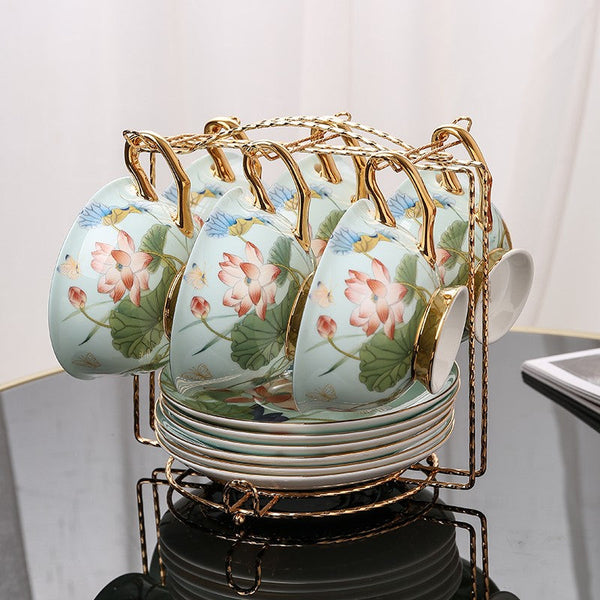Unique British Tea Cup and Saucer in Gift Box, Lotus Flower Bone China Porcelain Tea Cup Set, Elegant British Ceramic Coffee Cups-Art Painting Canvas