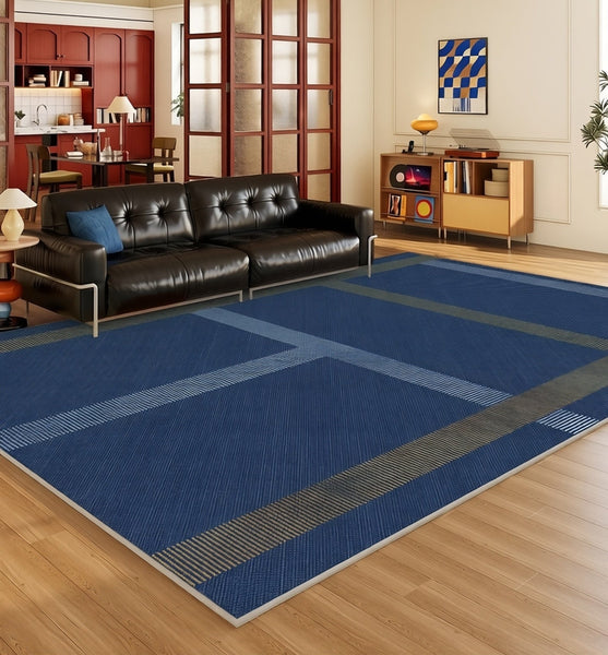 Washable Contemporary Modern Rugs, Blue Modern Rugs for Living Room, Large Modern Rugs for Dining Room, Modern Rugs Next to Bed
