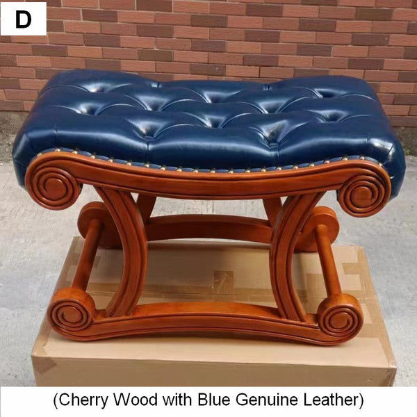 Cherry Wood Footstool, Vintage Leather Stool, Genuine Leather Solid Wood Entry Bench, Long Bench, Vanity Stool, Dressing Table Stool-Art Painting Canvas