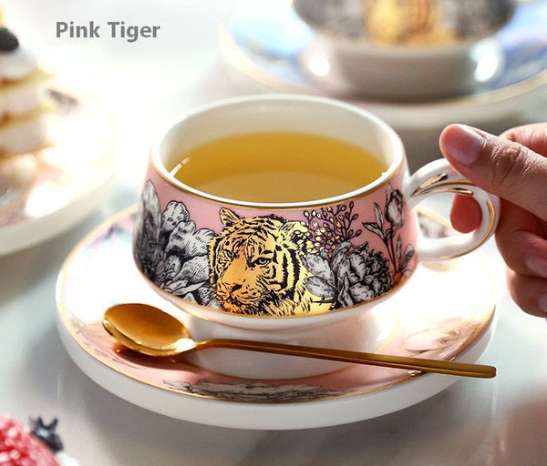 Handmade Ceramic Cups with Gold Trim and Gift Box, Jungle Tiger Cheetah Porcelain Coffee Cups, Creative Ceramic Tea Cup and Saucer-Art Painting Canvas