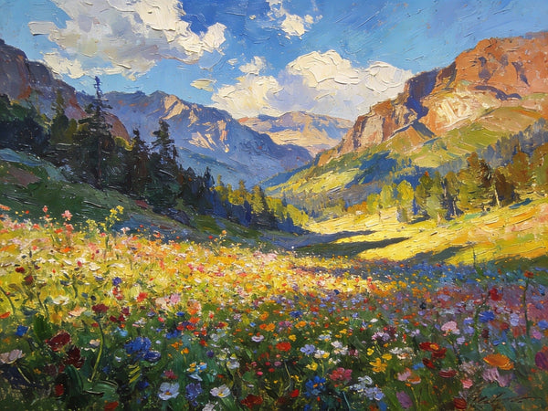 Small Landscape Paintings, Mountain Meadow in Bloom, A Lush Floral Landscape, Original Wall Paintings, Original Artwork Small Paintings, On Canvas Small Wall Paintings, Hand Painted Canvas Art-Art Painting Canvas