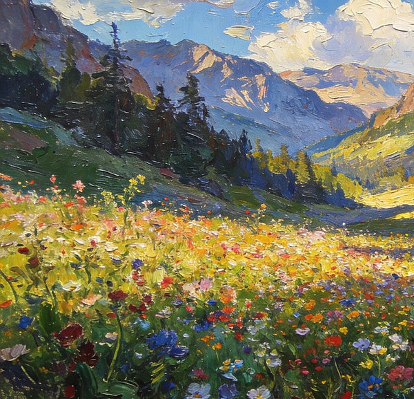 Small Landscape Paintings, Mountain Meadow in Bloom, A Lush Floral Landscape, Original Wall Paintings, Original Artwork Small Paintings, On Canvas Small Wall Paintings, Hand Painted Canvas Art-Art Painting Canvas