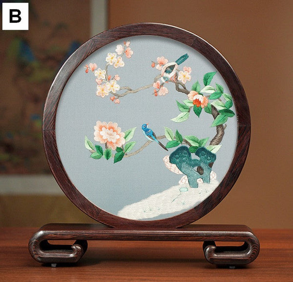 Flower and Birds Silk Embroidery Ornaments, Exclusive Business Presents, Creative Birthday Gift, Premium Souvenir, Traditional Chinese Suzhou Silk Embroidery-Art Painting Canvas