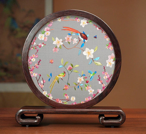 Flower and Birds Silk Embroidery Ornaments, Exclusive Business Presents, Creative Birthday Gift, Premium Souvenir, Traditional Chinese Suzhou Silk Embroidery-Art Painting Canvas