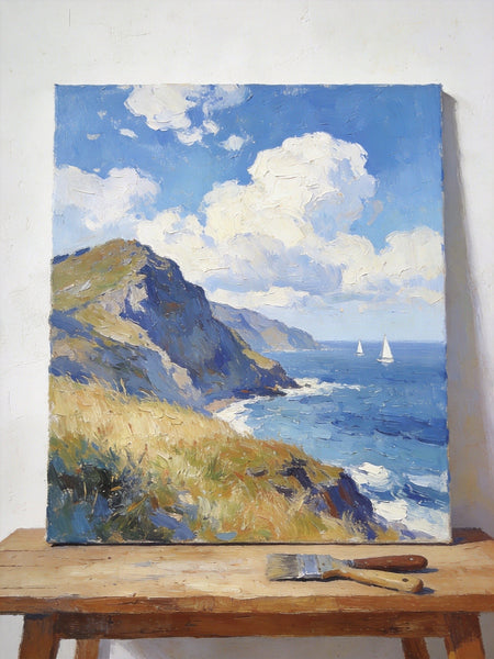 Original Landscape Paintings, Sails Beneath the Cliffside Clouds, Hand Painted Canvas Art, Small Canvas Wall Art Paintings, Buy Small Paintings Online, Original Oil Paintings-Art Painting Canvas