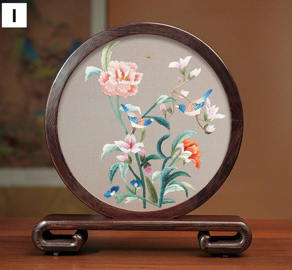 Flower and Birds Silk Embroidery Ornaments, Exclusive Business Presents, Creative Birthday Gift, Premium Souvenir, Traditional Chinese Suzhou Silk Embroidery-Art Painting Canvas