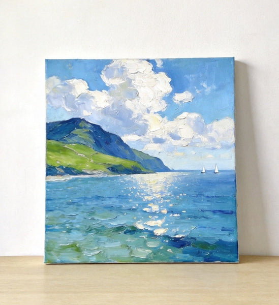 Bright Shoreline of the Blue Coast, Original Landscape Paintings, Original Oil Paintings, Hand Painted Canvas Art, Small Canvas Wall Art Paintings, Buy Small Paintings Online-Art Painting Canvas