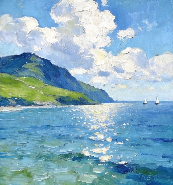 Bright Shoreline of the Blue Coast, Original Landscape Paintings, Original Oil Paintings, Hand Painted Canvas Art, Small Canvas Wall Art Paintings, Buy Small Paintings Online-Art Painting Canvas