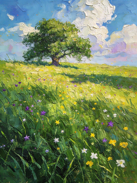 Springtime Landscape, A Vibrant Meadow under a Cloudy Sky, On Canvas Small Paintings, Landscape Oil Paintings, Hand Painted Canvas Art, Original Artwork Small Paintings on Wall-Art Painting Canvas