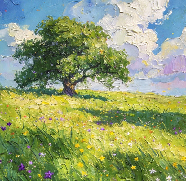 Springtime Landscape, A Vibrant Meadow under a Cloudy Sky, On Canvas Small Paintings, Landscape Oil Paintings, Hand Painted Canvas Art, Original Artwork Small Paintings on Wall-Art Painting Canvas