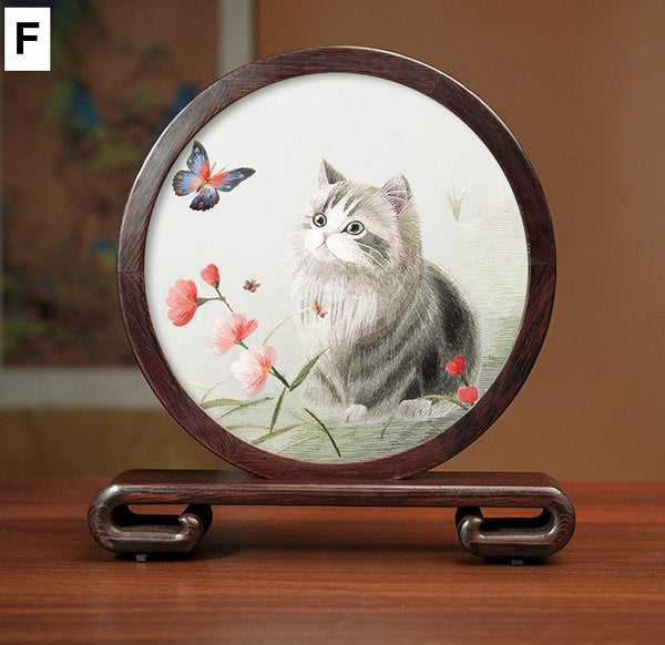 Unique Birthday Gift, Traditional Chinese Suzhou Kitten Embroidery Ornament, Lovely Kitty Cat Embroidered Decor, Premium Souvenir, Exclusive Business Present-Art Painting Canvas