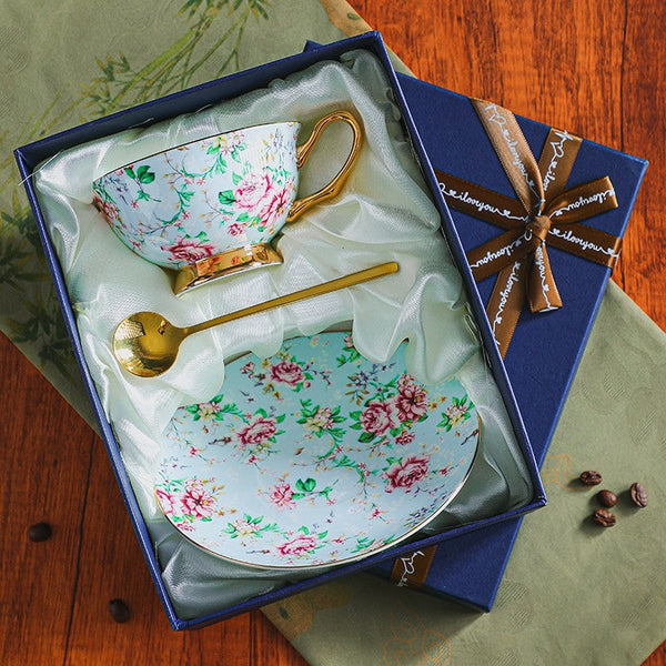 Porcelain Tea Cup and Saucer Set, Elegant British Ceramic Coffee Cup with Saucer, Floral British Tea Cup and Saucer in Gift Box-Art Painting Canvas