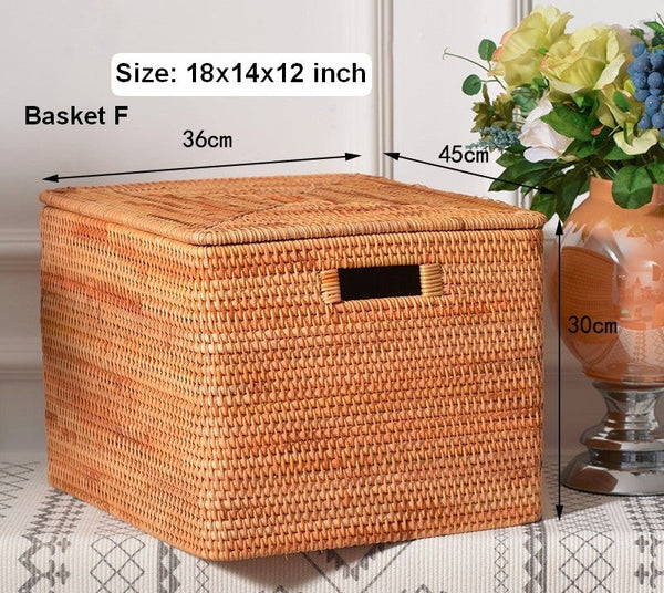 Oversized Rectangular Storage Basket with Lid, Woven Rattan Storage Basket for Shelves, Storage Baskets for Bedroom, Extra Large Storage Baskets for Clothes
