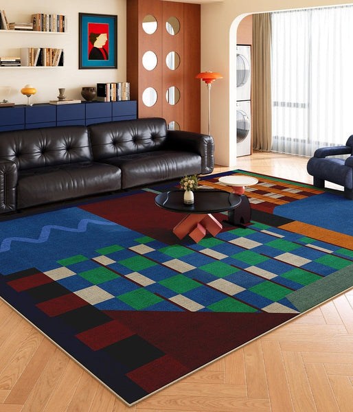 Mid Century Modern Rugs in Living Room, Bedroom Modern Rugs, Large Modern Rugs for Sale, Blue Contemporary Floor Carpets under Sofa