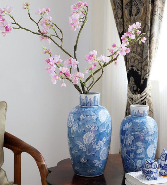 Large Flower Vases on Dining Table, Blue Porcelain Flower Vases, Centerpiece Ceramic Bouquet Vases, Handmade Modern Flower Vase-Art Painting Canvas