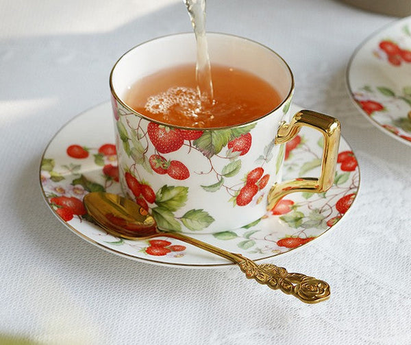 Strawberry Bone China Porcelain Tea Cup Set, Elegant Ceramic Coffee Cups, British Royal Ceramic Cups for Afternoon Tea, Unique Blue Tea Cup and Saucer in Gift Box-Art Painting Canvas