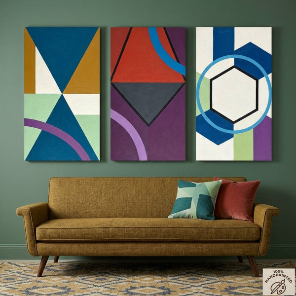 Geometric Abstract Paintings for Modernism Living Room Decor, Multi Panel Canvas Art, Extra Large Group Paintings, Hand Painted Artwork-Art Painting Canvas