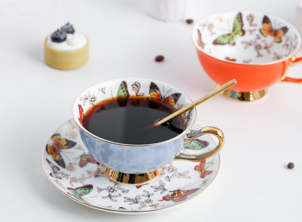 Creative Butterfly Ceramic Coffee Cups, Unique Butterfly Coffee Cups and Saucers, Beautiful British Tea Cups, Creative Bone China Porcelain Tea Cup Set-Art Painting Canvas