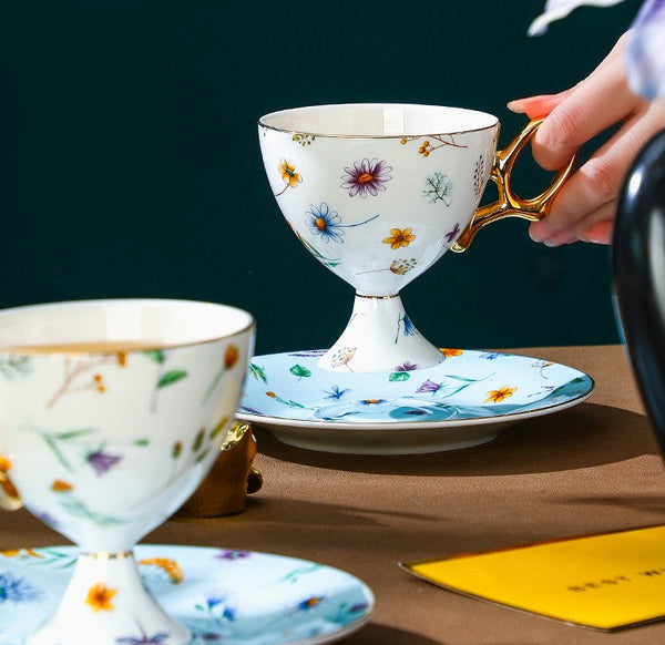 Porcelain Tea Cup and Saucer Set, Flower Ceramic Tea Cup and Saucer, Floral Tea Cup and Saucer Set in Gift Box, Elegant British Ceramic Coffee Cup with Saucer-Art Painting Canvas