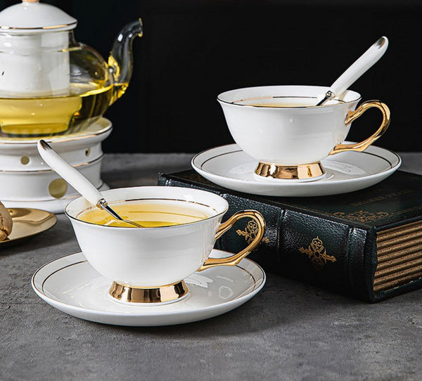 Porcelain Tea Cup Saucer Set, White Ceramic Cups, 7.8 oz British Ceramic Coffee Cups, Unique Tea Cup and Saucer in Gift Box-Art Painting Canvas