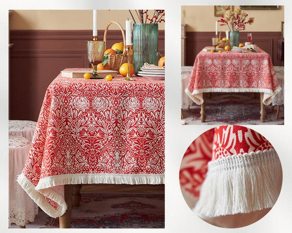 Large Fiberflax Rectangle Tablecloth for Home Decoration, Red Flower Pattern Tablecloth for Holiday Decoration, Square Tablecloth for Round Table-Art Painting Canvas