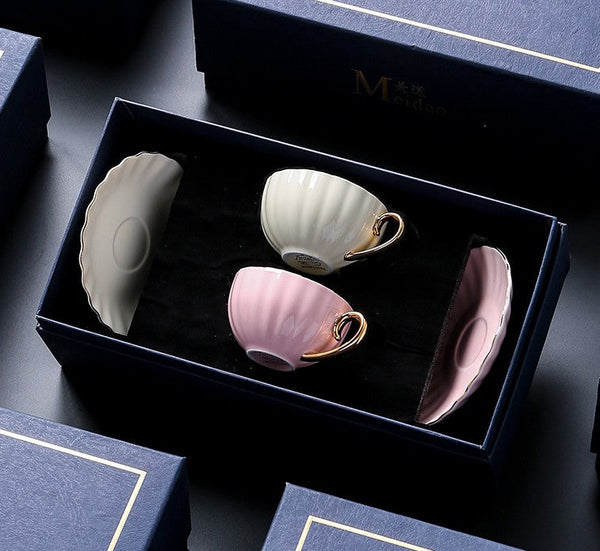 Unique Tea Cups and Saucers in Gift Box as Birthday Gift, Elegant Macaroon Ceramic Coffee Cups, Beautiful British Tea Cups, Creative Bone China Porcelain Tea Cup Set-Art Painting Canvas
