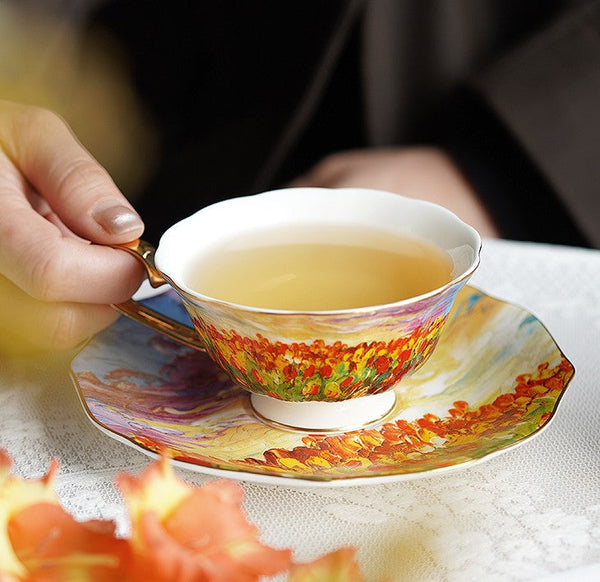 Elegant Ceramic Coffee Cups, Flower Field Vintage Porcelain Tea Cup Saucer Set, Unique British Tea Cup and Saucer in Gift Box, Royal Ceramic Cups-Art Painting Canvas
