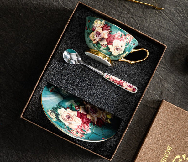 Rose Royal Ceramic Cups, Elegant Flower Ceramic Coffee Cups, Afternoon Porcelain Tea Cup Saucer Set, 6.8 oz Tea Cup and Saucer in Gift Box-Art Painting Canvas