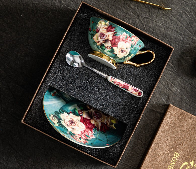 Large Rose Royal Ceramic Cups, Afternoon Bone China Porcelain Tea Cup Set, Unique Tea Cups and Saucers in Gift Box, Elegant Flower Ceramic Coffee Cups-Art Painting Canvas
