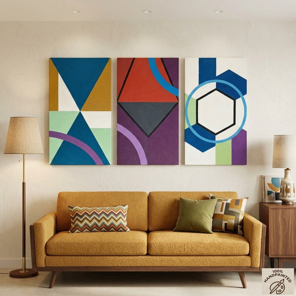 Geometric Abstract Paintings for Modernism Living Room Decor, Multi Panel Canvas Art, Extra Large Group Paintings, Hand Painted Artwork-Art Painting Canvas