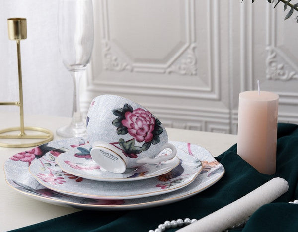 Unique Porcelain Cup and Saucer, Beautiful British Flower Tea Cups, Elegant Ceramic Coffee Cups, Creative Bone China Porcelain Tea Cup Set-Art Painting Canvas
