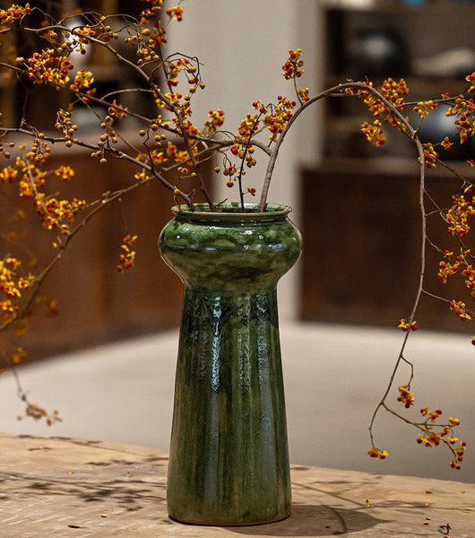 Ceramic Bouquet Vases, Green Flower Vases on Table, Porcelain Flower Vases, Dining Table Centerpiece, Handmade Water Holding Flower Vase-Art Painting Canvas