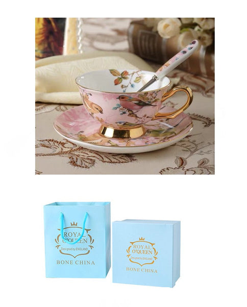 Elegant Ceramic Coffee Cups, 7.4 oz British Tea Cups, Bird Porcelain Tea Cup Saucer Set, Tea Cup and Saucer in Gift Box as Birthday Gift-Art Painting Canvas