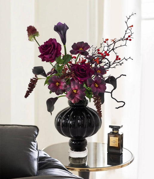 Black Glaze Vase, Contemporary Vases for Modern Home Decor, Black Glass Bud Vases, Handmade Liuli Vases, Centerpiece Vases on Table-Art Painting Canvas