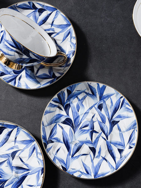 Unique British Tea Cup and Saucer in Gift Box, Blue Porcelain Tea Cup Saucer Set, 7.4 oz British Ceramic Coffee Cups-Art Painting Canvas