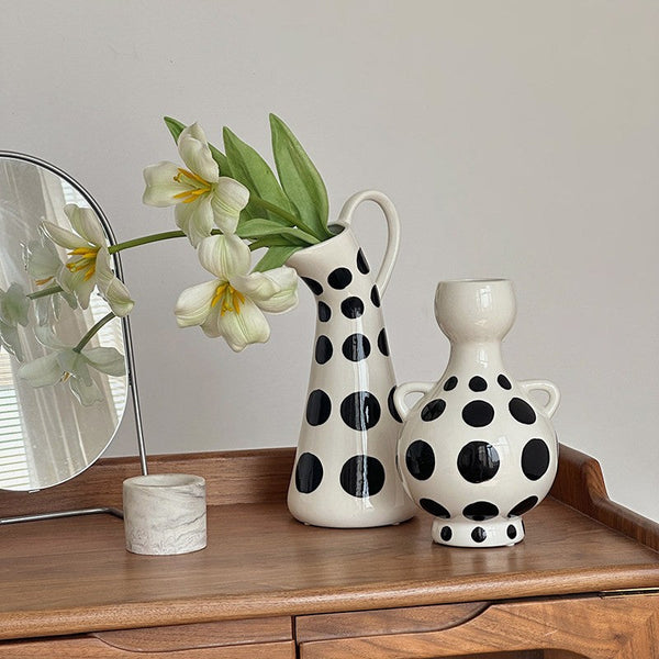 Ceramic Bud Vases, Small Flower Vases on Table, Black and White Polka Dot Flower Vase, Modern Porcelain Flower Vases, Handmade Water Holding Flower Vases-Art Painting Canvas