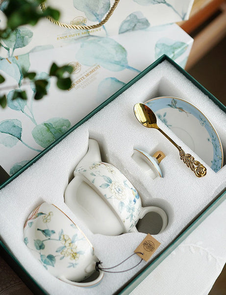 Stackable Teapot and Cup Set, Ceramic Tea Pot with Integrated Cup, Porcelain Teapot with Matching Cup and Saucer in Gift Box, Mother-and-Baby Teapot with Matching Saucer-Art Painting Canvas