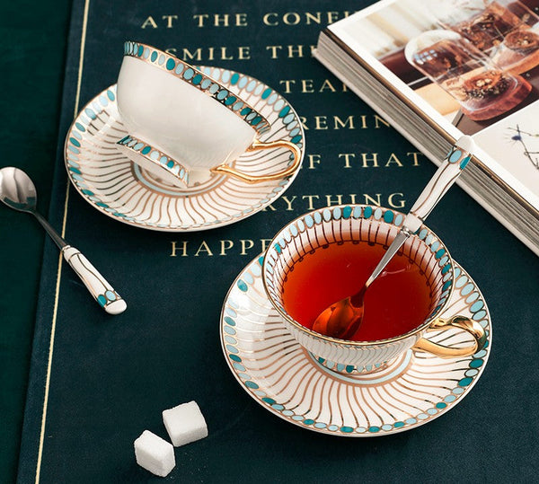 Unique Tea Cup and Saucer in Gift Box, Elegant British Ceramic Coffee Cups, Bone China Porcelain Tea Cup Set for Office, Green Ceramic Cups-Art Painting Canvas