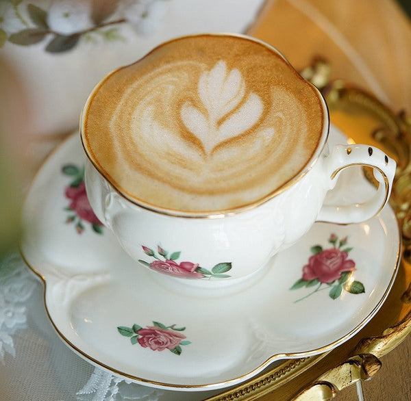 British Royal Ceramic Cups for Traditional Afternoon Tea, 7.4 oz Ceramic Coffee Cups, Rose Porcelain Tea Cup Saucer Set, 6.8 oz Tea Cup and Saucer in Gift Box-Art Painting Canvas