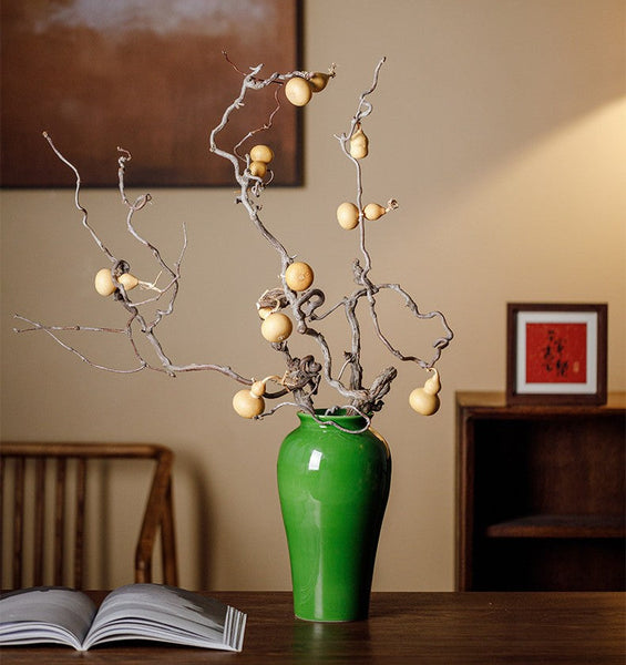 Handmade Water Holding Flower Vase, Centerpiece Ceramic Bud Vases, Green Porcelain Flower Vases, Vintage Flower Vases on Table-Art Painting Canvas