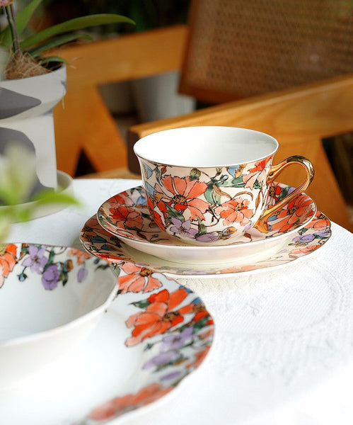 Elegant Ceramic Coffee Cups, Flower Bone China Porcelain Tea Cup Set, British Royal Ceramic Cups for Afternoon Tea, Unique Tea Cup and Saucer in Gift Box-Art Painting Canvas